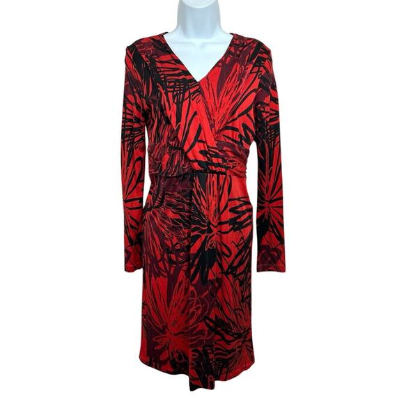HUGO BOSS Red Black Print Knit Dress Sz Small Long-Sleeve Faux Wrap Knee Length - Picture 2 of 7
